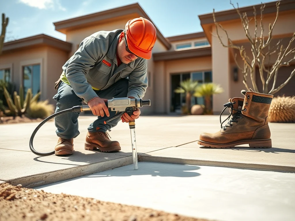 Technician injecting polyurethane foam under a sunken concrete driveway at a Scottsdale home